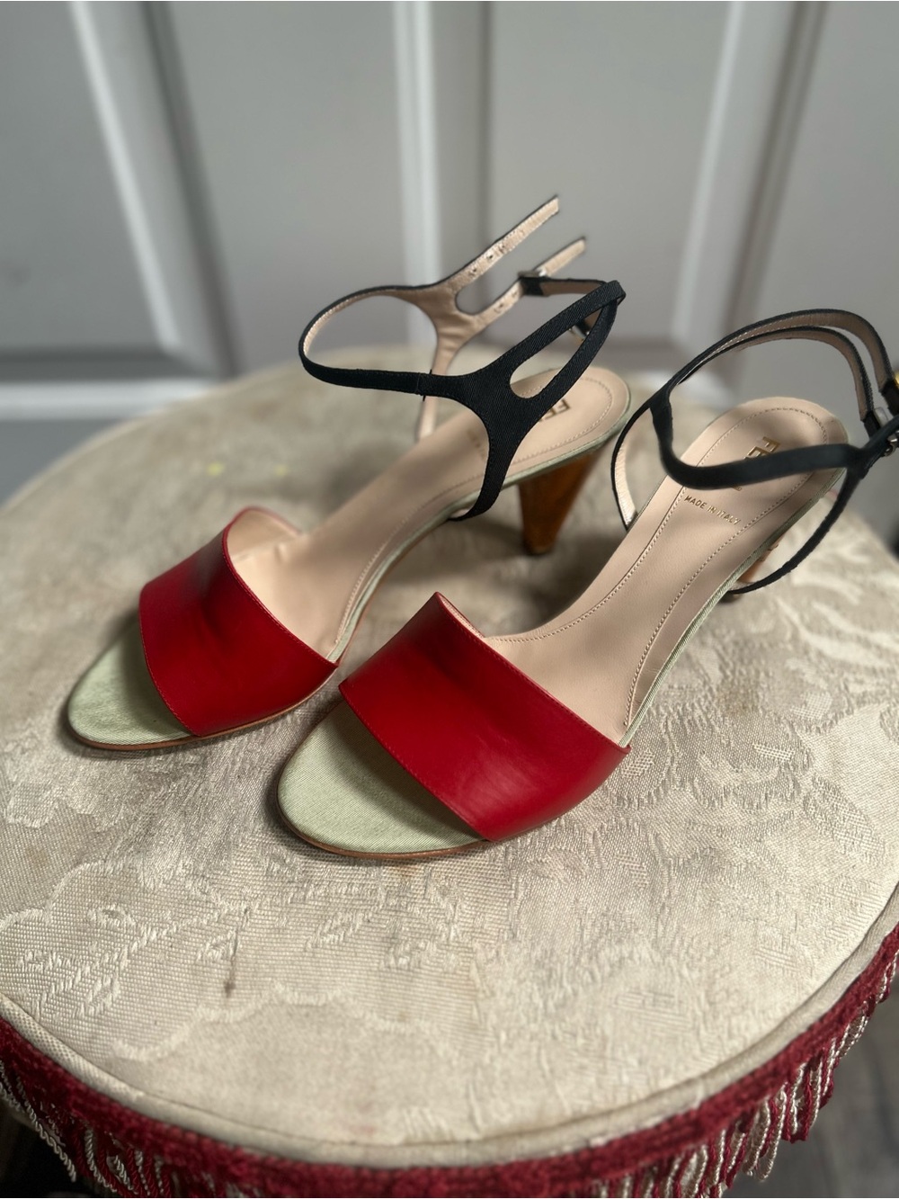 Fendi Olive Faille Red and Black Open-Toe Mid-Heel Ankle strap Sandals